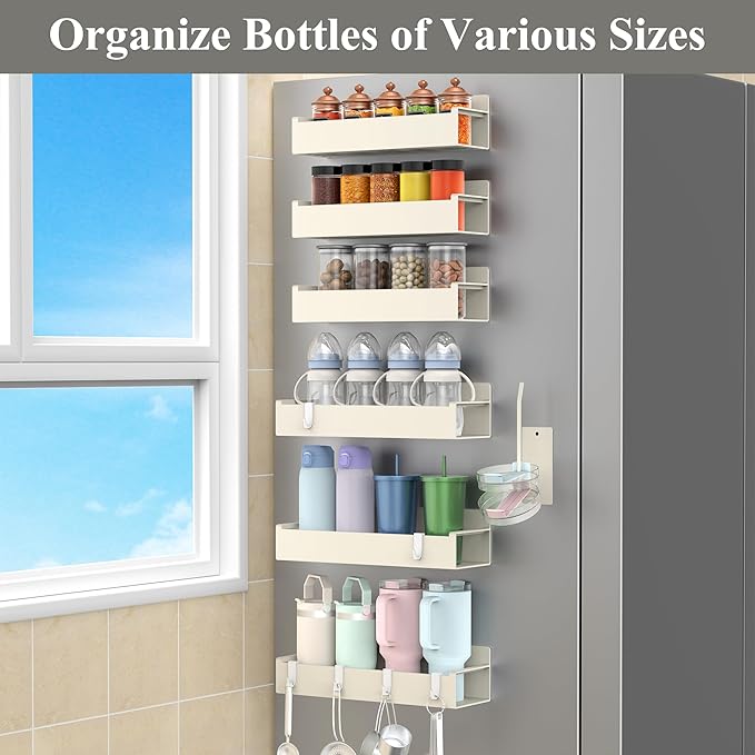 HuggieGems Magnetic Water Bottle Holder for Refrigerator, Cup Holder Organizer for Stanley and Tumbler for Kitchen, 6 Pack, Cream White