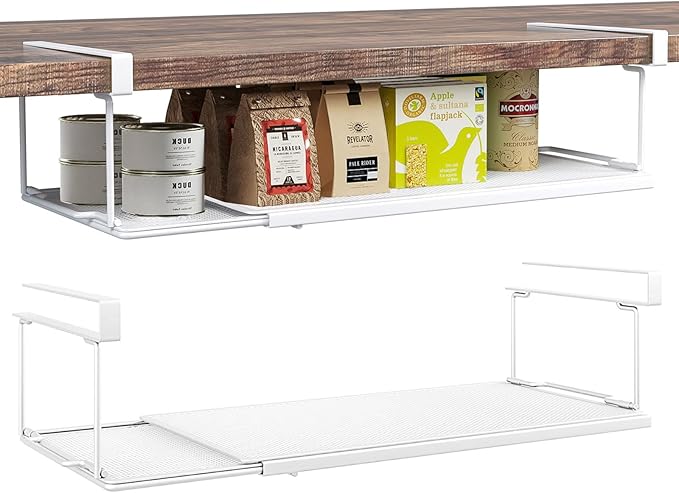 Expandable Under Cabinet Shelf, Extendable Under Shelf Storage with 1.25 Inches Thick Clips for Pantry Cabinet, Laundry Room, Shoe Rack.(White, 2 Pack, Interior: 3.66" H x 8.26" D)