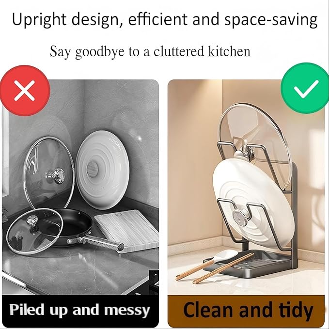 Pot Lid Organizer, Pot Lid Holder, Kitchen Pots Lids Storage Rack, Pots Cover Holder Rack, Pan Lids Holders While Cooking, For Various Lids and Utensils, With Removable Drip Tray (grey- B)