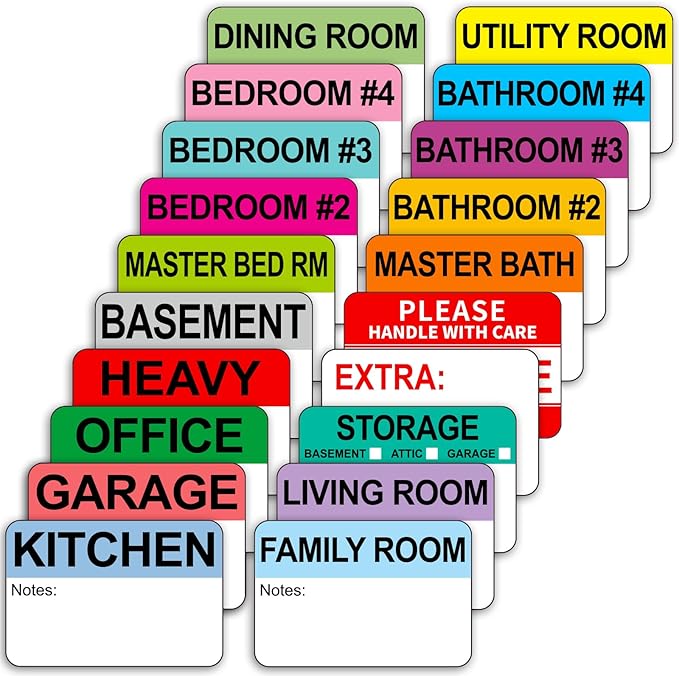 Kingtac 600 Writable Home Moving Stichers - 2' x 3', 20 Color-Coded Home Moving Packing Labels with Fragile, Extra, Heavy Options.Stick to Cardboard Boxes and Plastic Bins, No Extra Tape Needed