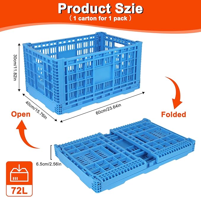 Shineyaplus Collapsible Milk Crate, 1 pck 72L(19GAL) Stackable Storage Bins, Heavy Duty Storage Crates, Plastic Crates for Grocery, Warehouse Organization - Extra Large, Holds 130 lbs Per Bin
