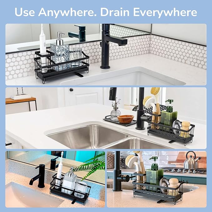Sink Caddy & Organizer with 360° Rotating Drain, Countertop Holder for Sponges, Dishwashing Liquid, Long Handle Scrubber Compartment - Black