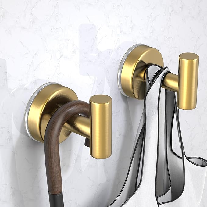 VINHOLD Suction Cup Hooks for Shower, Stainless Steel Shower Hooks for Hanging Towels, Robes, Bath Balls, Towel Hooks for Bathroom Wall, Glass Door, Kitchen, Mirror, Tile (2 Pack，Gold)