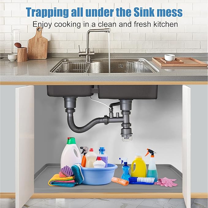 BEESVO Under Sink Mats for Kitchen Waterproof, 28" x 22" Silicone Under Sink Liner Kitchen & Bathroom Cabinet Protector Mat, Heavy Duty Flexible Under Sink Drip Tray with Lip, Cool Grey