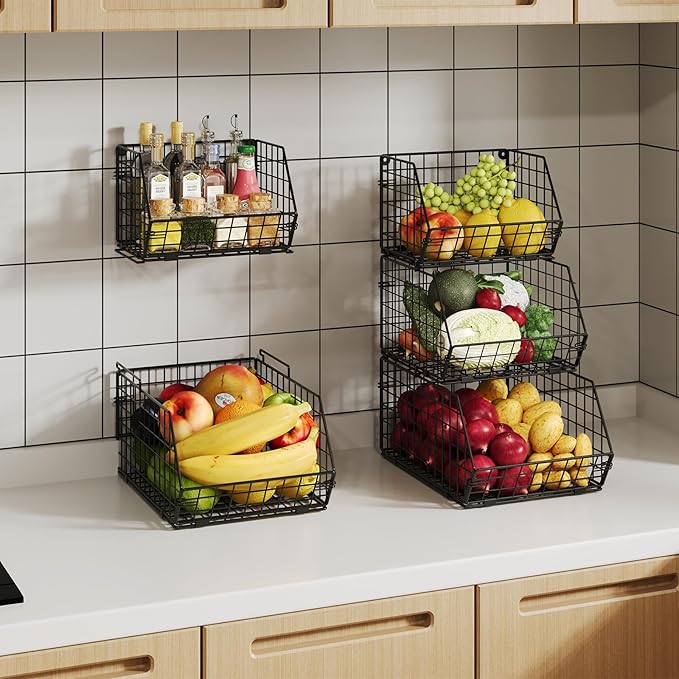 2-Tier Stackable Potato and Onion Storage Bin, Vegetable Storage Bins - Wire Baskets for Pantry Organization, Ventilated Baskets for Kitchen Countertop Hold Fruit, Produce, Snack, Can & Bread