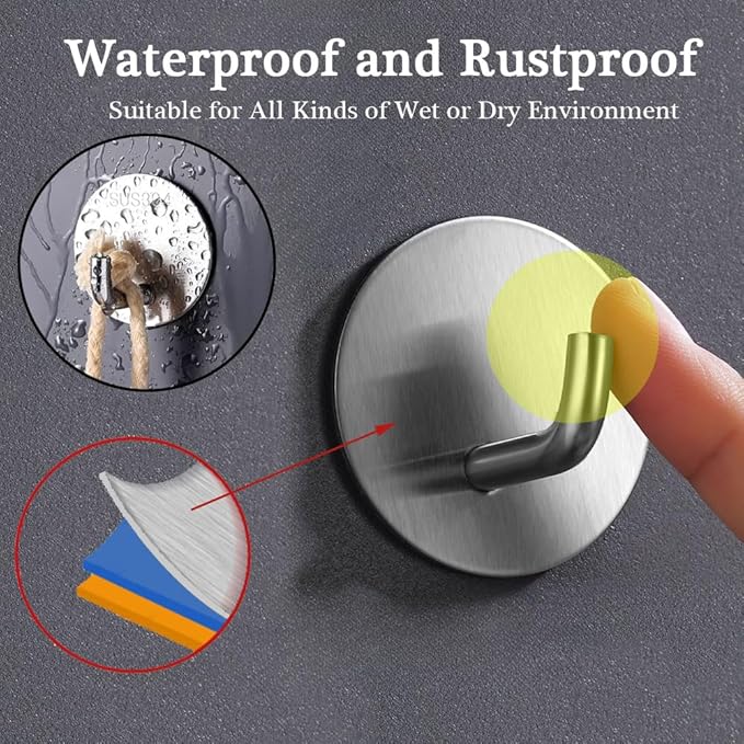 EDMILE 8 Pack Silver Adhesive Wall Hooks, Towel Hooks for Bathrooms, Sticky Hooks for Hanging, Stick on Wall Mount for Bathroom Kitchen Bedroom No Drill