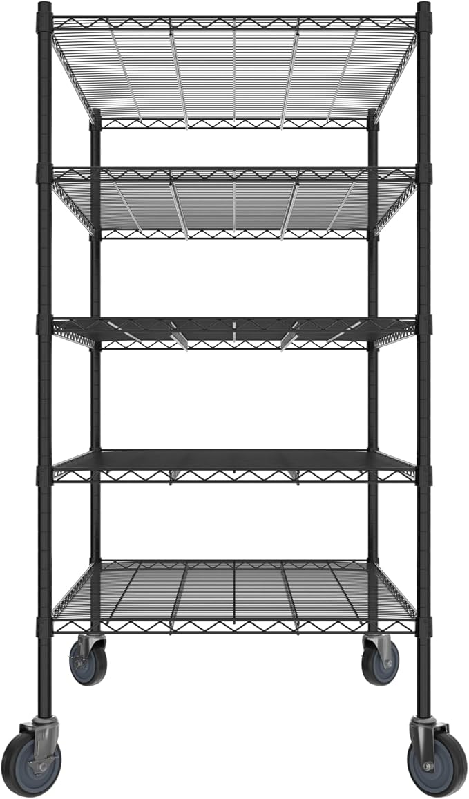 Commercial NSF Listed Black Epoxy Mobile Wire Shelving Kit 30" x 42" x 60", with 5 Shelves Perfect for Warehouse, Walk-in Refrigerator, Freezer, Grocery Store, Restaurant, Dishroom