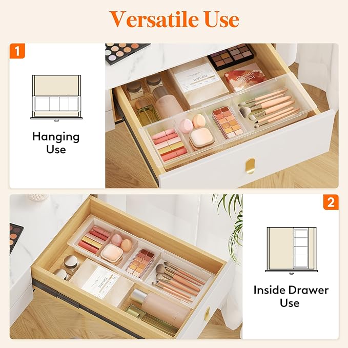 Lifewit Sliding Makeup Drawer Organizer, Fits 13-20" Deep Drawers, Extendable Hanging Divider, 1.8" High Plastic Tray for Vanity, Office, Kitchen, Translucent,1Pcs
