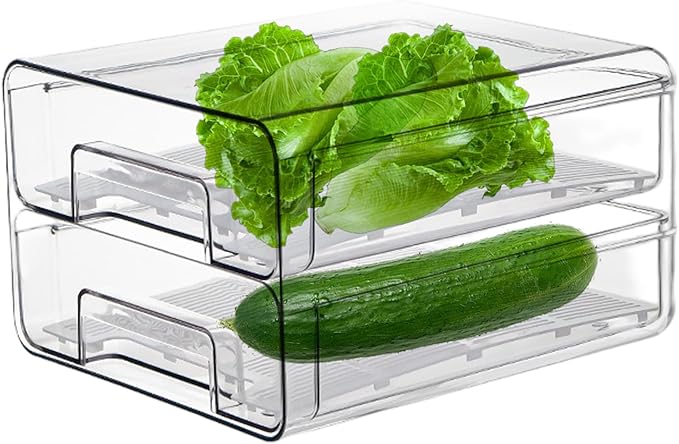 Fridge Drawer 2 Layer Pull-Out Transparent PET Fridge Drawer Organizer Stackable Fresh Keeping Refrigerator Organizer ...