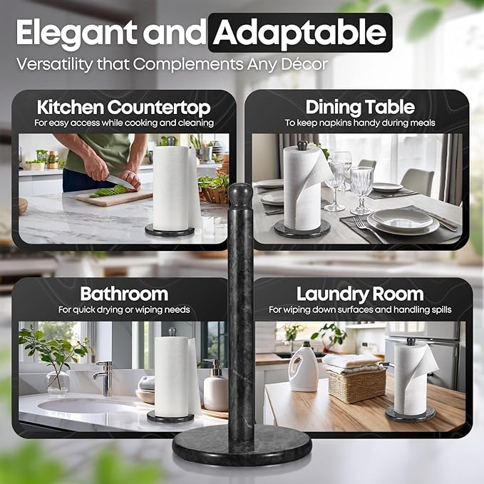 Flexzion Marble Paper Towel Holder 12 inch (Black) - Kitchen Countertop Paper Towel Holder Stand Rack with Roll Dispenser Pole and Weighted Marble Base for Tables Home Dining Bathroom Storage