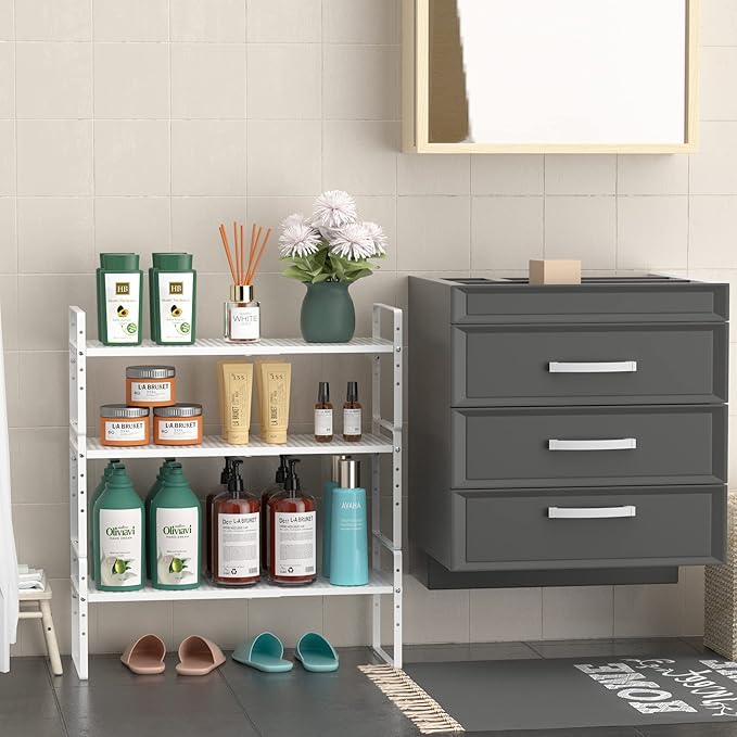Expandable Kitchen Cabinet Shelf Organizer, Stackable Metal Pantry Storage Shelves, Adjustable Counter Shelf Organizer Rack for Kitchen Cabinets, Cupboard, Countertop, Closet, White