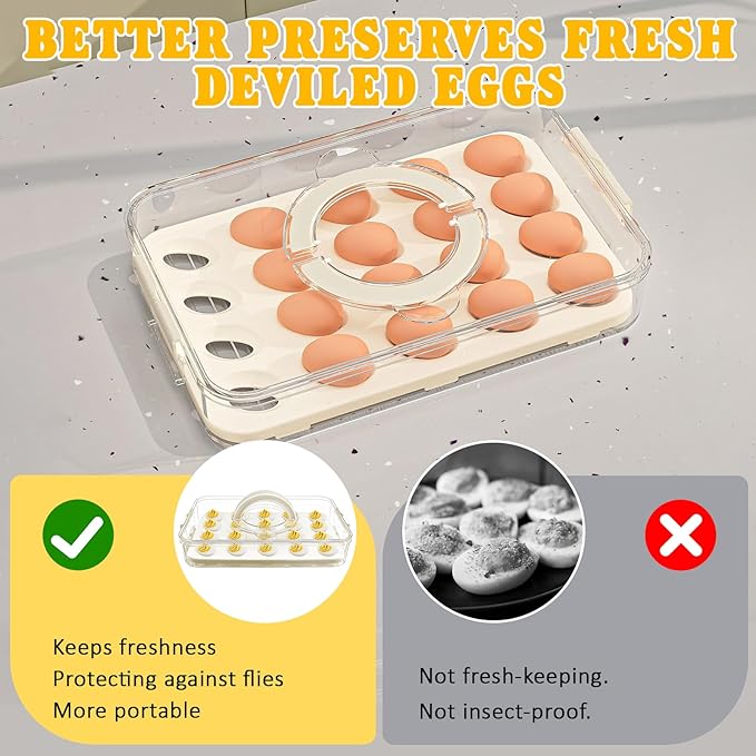 Egg Holder for Fridge,20 Deviled Egg Containers with Lid & Handle PET Thickened Eggs Organizer for Refrigerator Inc Egg Slicer,Kitchen Tongs,Silicone Spatula,Piping Decorating Kit