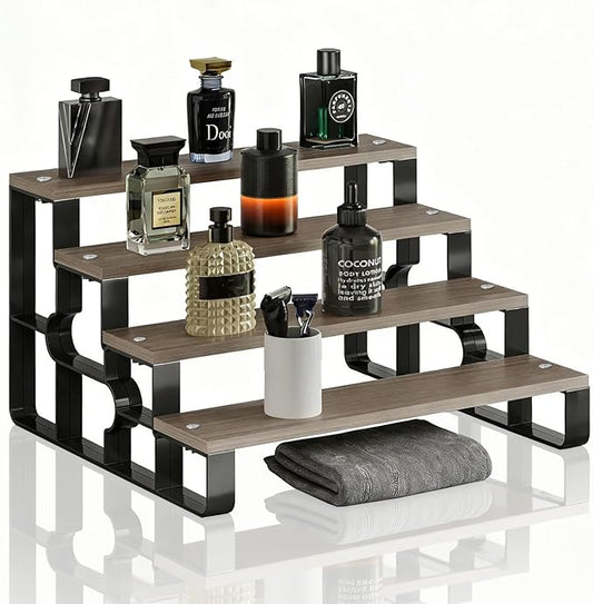 4 Tier Cologne Organizer for Men, Wooden Perfume Organizer Stand, Waterproof Display Shelf Rack for Dresser, Vanity, Figures, Cupcake, Dessert Table(Walnut,Width=11.2")