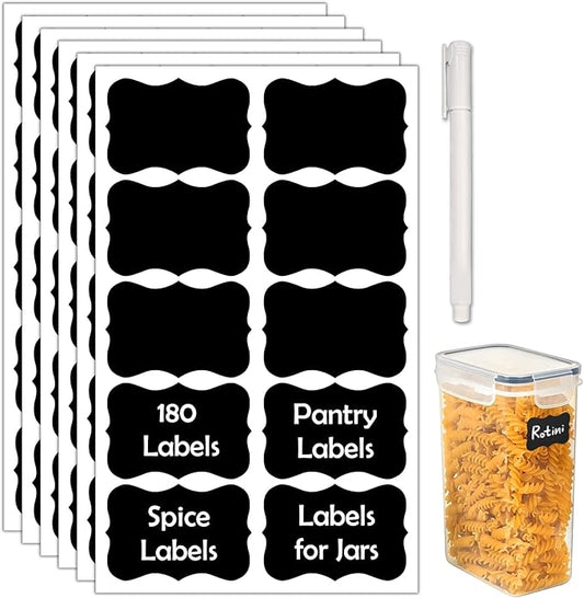JIEHENG 180Pcs Chalkboard Labels for Jars, Waterproof Reusable Blackboard Stickers with 1 Liquid Chalk Markers, Organization Labels Removable (Black, Wavy)