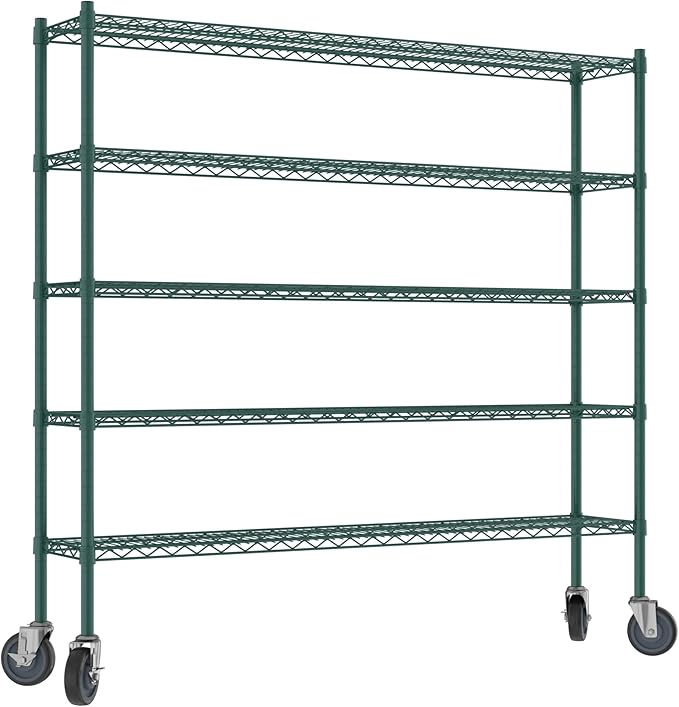 Commercial NSF Listed Green Epoxy Mobile Wire Shelving Kit 12" x 60" x 60", with 5 Shelves Perfect for Warehouse, Walk-in Refrigerator, Freezer, Grocery Store, Restaurant, Dishroom