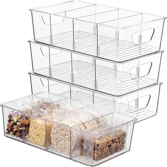 4 Pcs Pantry Organizers Bins, Clear Plastic Stackable Snack Storage Containers with 3 Dividers for Kitchen Cabinet Fridge Shelf Organization, 4 Compartment Holder