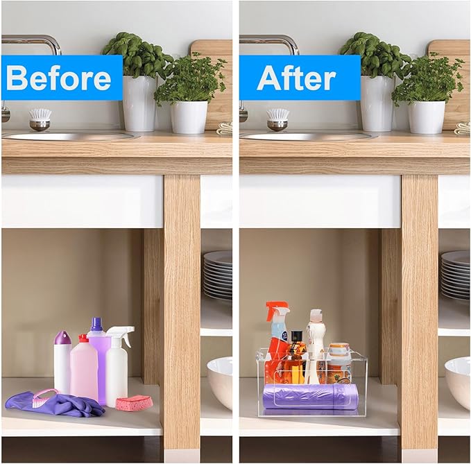 Acrylic Trash Bag Dispenser Holder, 2 in 1 Garbage Bag Roll Holder Under Sink, Standard Grocery Bags Storage Container with Lid, Laundry Storage Organizer Bin for Kitchen, Bathroom, Pantry