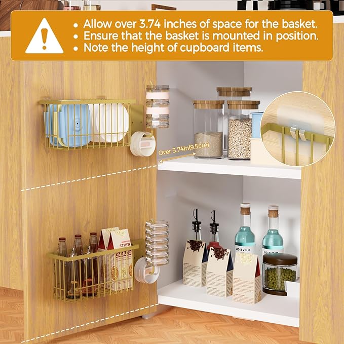 4 Pack Adhesive Cabinet Door Organizer - Tumbler Lid Organizer & Kitchen Storage baskets for Kitchen, Bathroom, Inside Cabinet Door Storage for Cup Lids, Spices, Small Supplies, Space-Saving (Gold)
