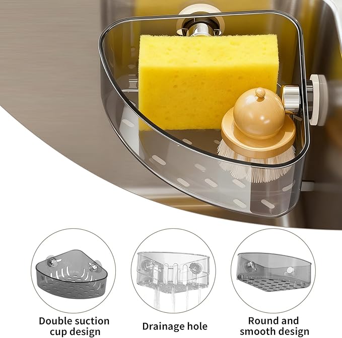 2PCS Sink Organizer Rack,2 Size Suction Sinkware Organizer,Triangle Sink Strainer Basket with Drain Hole, Corner Sink Trash Catcher for Kitchen for Sponges, Scrubbers Sink Corner Drain Box