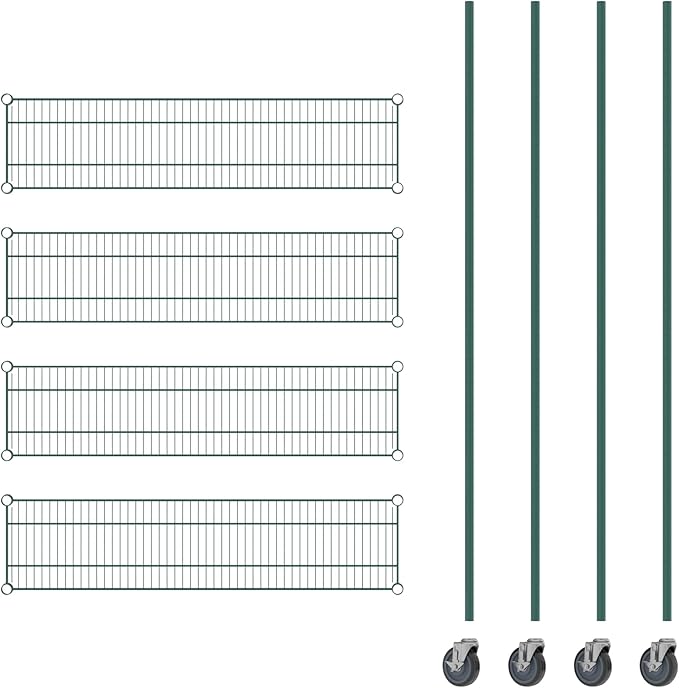 Commercial NSF Listed Green Epoxy Mobile Wire Shelving Kit 12" x 48" x 80", with 4 Shelves Perfect for Warehouse, Walk-in Refrigerator, Freezer, Grocery Store, Restaurant, Dishroom