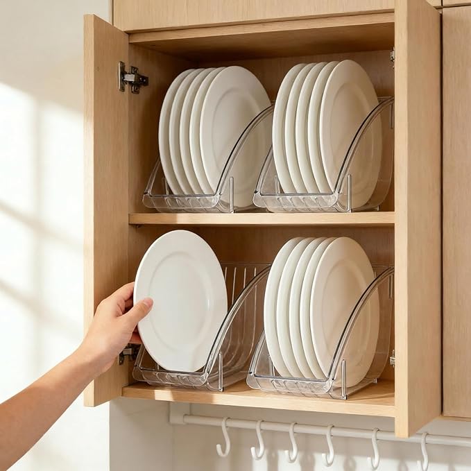 4 Pack 10 Inch Paper Plate Holder, Plastic Plates Dispenser Organizer, Under Cabinet Vertical Dinner Dish Drainer, Reusable Plate Drying Rack, Salad Dessert Dish Cradle for Kitchen Countertop