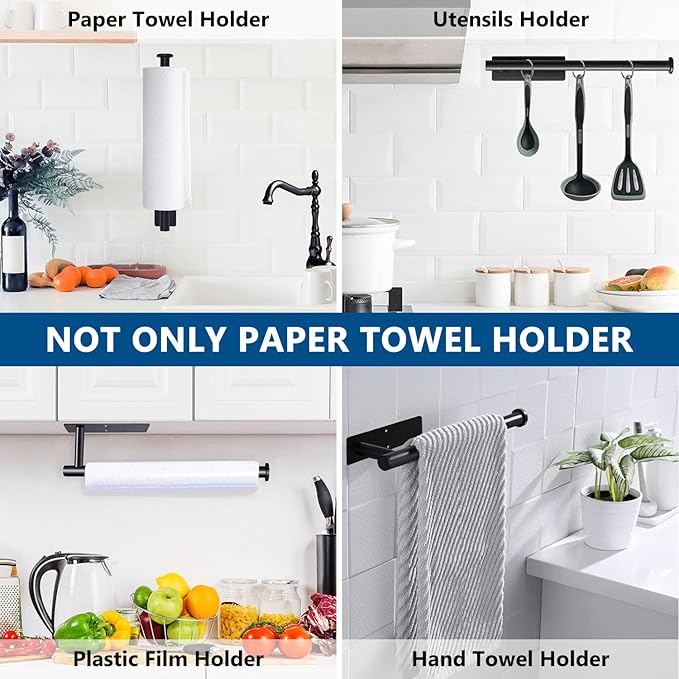Paper Towel Holder, Under Cabinet Paper Towel Roll Holder Self Adhesive or Drilling, Wall Mounted Matte Black Paper Towel Rack for Kitchen, Bathroom, SUS304 Stainless Steel