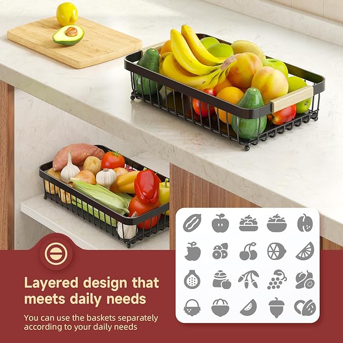 3 Tier Fruit Basket for Kitchen Counter with 2 Mobile Banana Hangers, 2026 Pro Detachable Metal Fruit Bowl with Wooden Handle, Fruit Holder for Bread Snack Veggies with Protective Mats