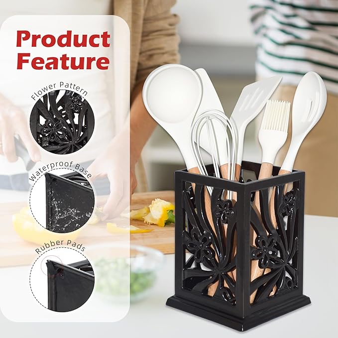 Utensil Holder, Cast Iron Kitchen Utensil Crock for Countertop, Extra Large Utensil Organizer with Weighted-Base, Housewarming Vintage Decor, Classic Style,Black