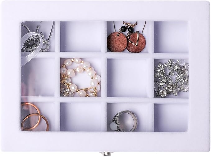 Frebeauty Jewelry Organizer Tray with Clear Lid 12 Grid Velvet Drawer Insert Jewelry Box with Transparent lid Jewelry Display Case Store Showcase Jewelry Box Gift for Women(White,12 Grid) (Pack of 2)