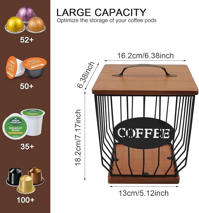 Square Coffee Pods Holder with Wooden Lid and Base,Large Capacity Wire Coffee Pods Storage Basket for Home Cafe Bar Countertop Decor(Black)