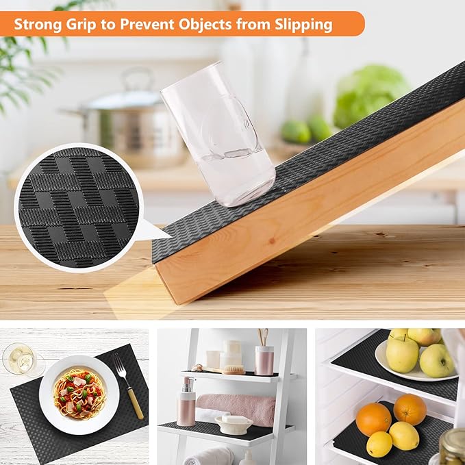 Shelf Liners for Kitchen Cabinets Refrigerator Liners Waterproof & Oil-Proof Kitchen Cupboard Liner Non-Slip Drawer Mats EVA Material Non Adhesive Fridge Liner for Shelves -Black 17.5 x 393.7 Inches