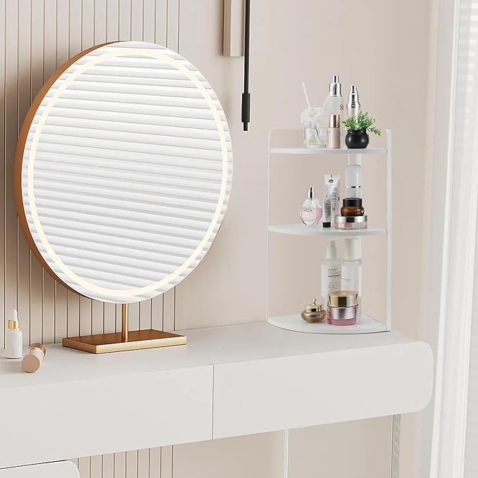 3 Tier Corner Bathroom Counter Organizer, Countertop Organizer, Vanity Organizers, Bathroom Storage Sink Shelf, Wooden Metal Counter Shelf, Perfume Organizer for Makeup Tray (Large Capacity-White)