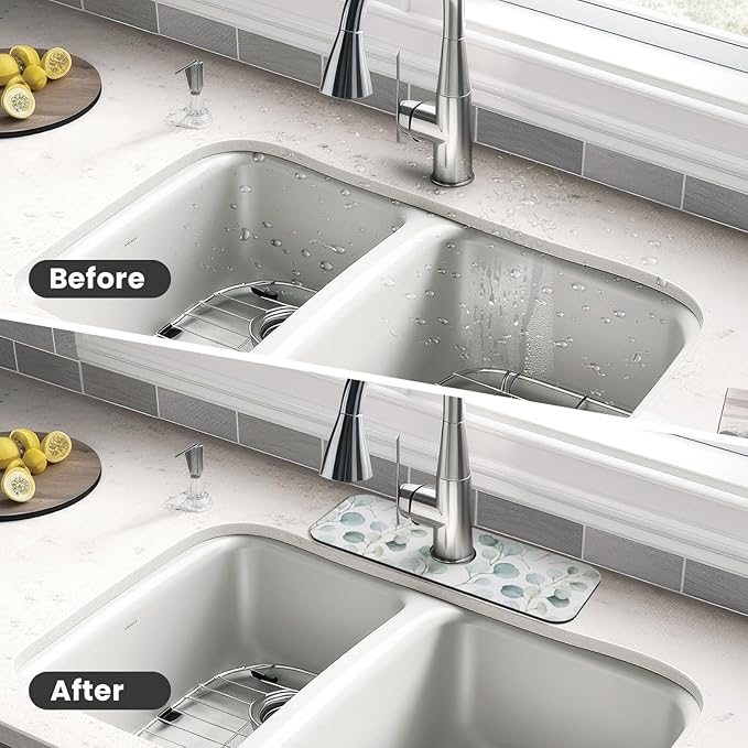 Sage Green Leaves Watercolor Branch Plant Kitchen Sink Splash Guard Faucet Mat 1 Pcs, Absorbent Fast Drying Mat Gadgets Splash Guard For Bathroom 15 X 5.5 Inches