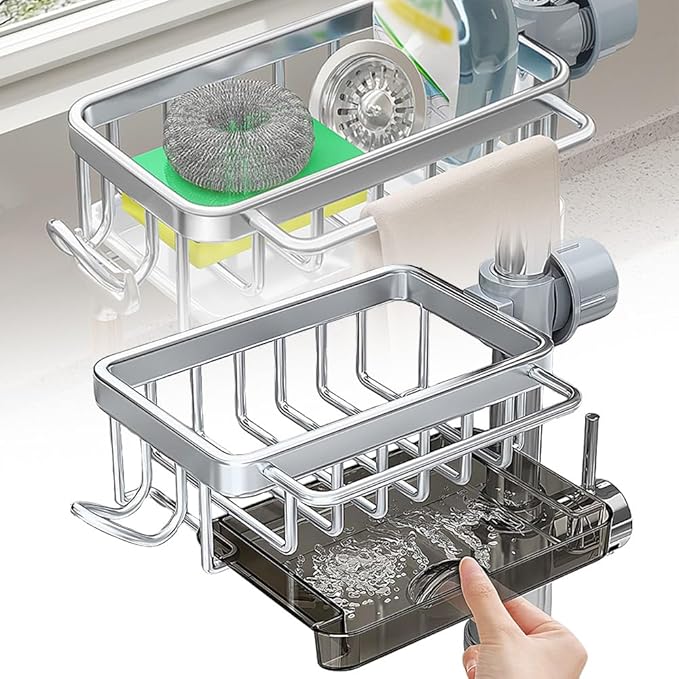 Eadwe Sink organizer rack for kitchen and bathroom, 2024 New Kitchen Sink Faucet Organizer with Drip Tray Faucet Sponge Holder (Silver, Left)
