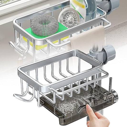 Eadwe Sink organizer rack for kitchen and bathroom, 2024 New Kitchen Sink Faucet Organizer with Drip Tray Faucet Sponge Holder (Silver, Left)
