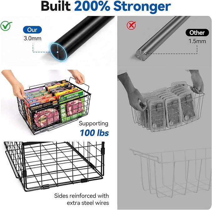 Reinforced Freezer Organizer Bins, 2 Pack Large Stackable Upright Chest Deep Freezer Storage Containers, Black Wire Foldable Baskets with Handles, More Space, Easy Access (V-2 Packs-2)