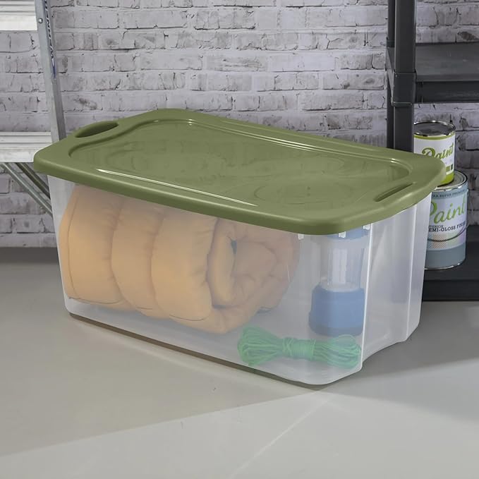 120 Quart Extra Large Clear Plastic Storage Bin with Full-Grip Handles and Lid, Heavy Duty Stackable Design for Toy Storage & Home Organizing, Craft Supplies, Green (2)