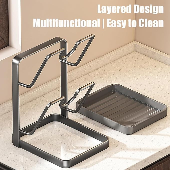 Kitchen Pot Lid Storage Rack, Pot Lid Holder with Drip Tray, Multifunctional Kitchen Organizer Stand with Removable Drip Tray, for Counter Stove Top Accessories (Gray,Single-layer)
