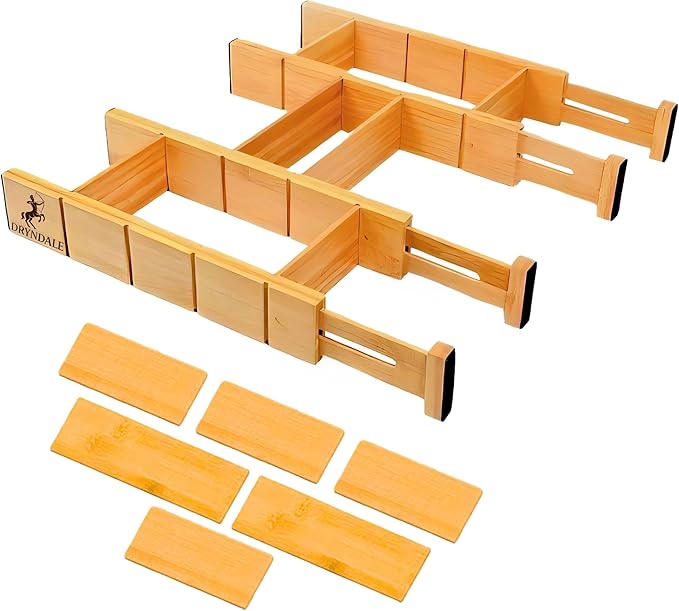 13.7-18.7" Expandable Bamboo Drawer Dividers with Inserts 4-Pack Spring-Loaded with Non-Slip EVA Pads, Adjustable Separator Set for Kitchen Utensils,Bedroom, Office,Bathroom