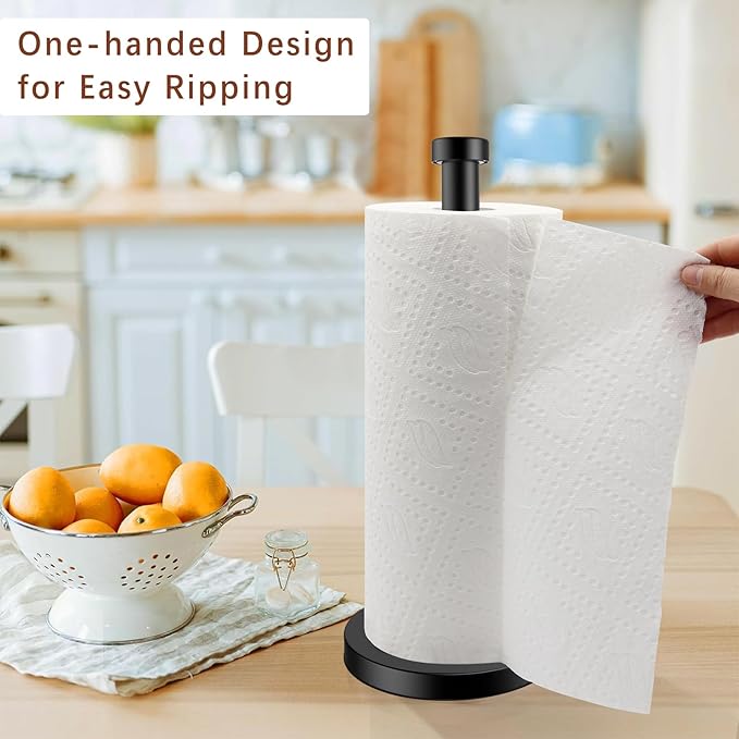 Paper Towel Holder Countertop, Kitchen Roll Holder, Stainless Steel Black Paper Towel Holders for Kitchen Organization, Paper Towel Dispenser Standing Weighted Base for One-Handed Operation