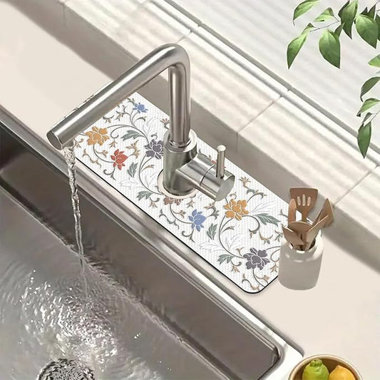 Art Ceramic Texture Sink Splash Guard Ceramic Flowers Faucet Absorbing Mat Fast Drying Mat Sink Gadgets Splash Guard Behind Faucet Drip Catcher for Kitchen Bathroom, 15.5"x5.5"