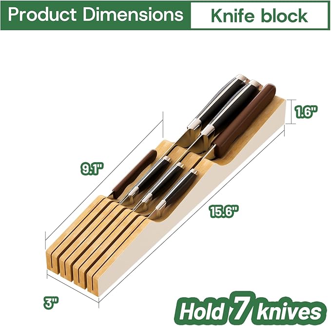 Knife Drawer Organizer, Bamboo Wood Knife Holder, White Knife Block Fit for 7 Knives