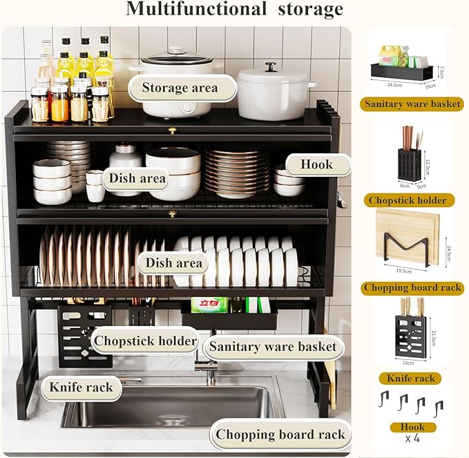 Large Over The Sink Dish Drying Rack 4 Tiers with Cover, Space-Saving Keep Kitchen Sink Shlef Organized, Drying Rack for Dishes, Glasses, Bowls, Cutlery Black(Black,75cm)