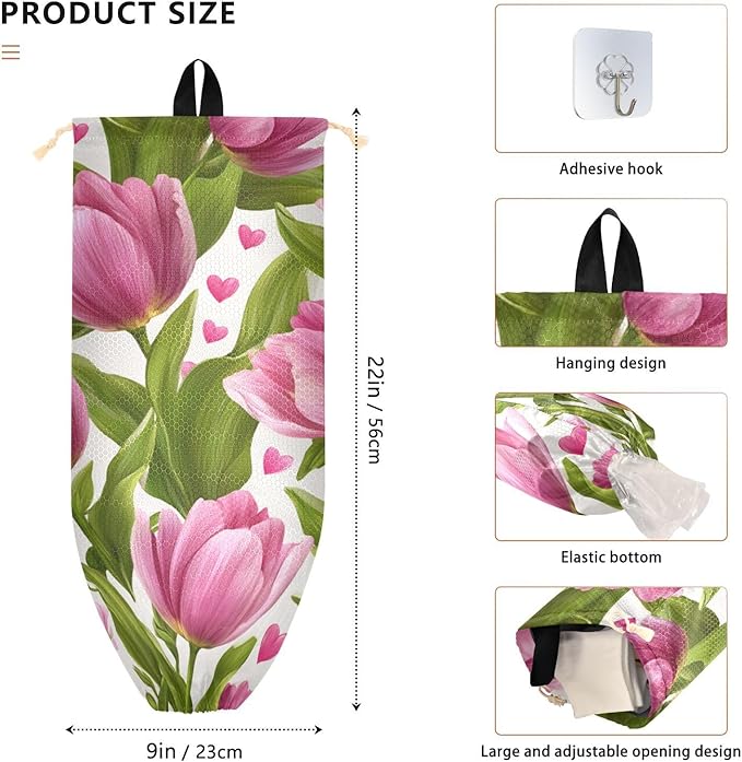 Plastic Bag Holder Wall Mount Grocery Bag Shopping Bag Storage Holder Organizer Dispenser with Adhesive Hook,for Kitchen Bathroom Home Decor 9x22 Inches Pink Fresh Tulips and Hearts05