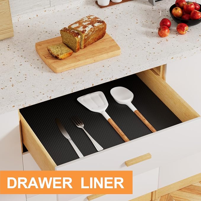 FLPMIX Cabinet Drawer Shelf Liner: Waterproof Non-Adhesive Kitchen Cabinets Liners - Easy to Cut EVA Drawer Mat for Cupboard Pantry Shelves Bathroom 12" x 120" Black