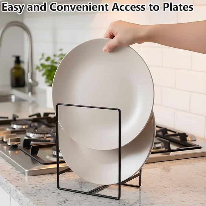 4 Pack Kitchen Plate Organizer for Cabinet, Space Saver Metal Dish Plate Storage Rack Upright Plate Dish Drying Racks Stand for Cupboard and Countertop, 2 Large & 2 Small Black