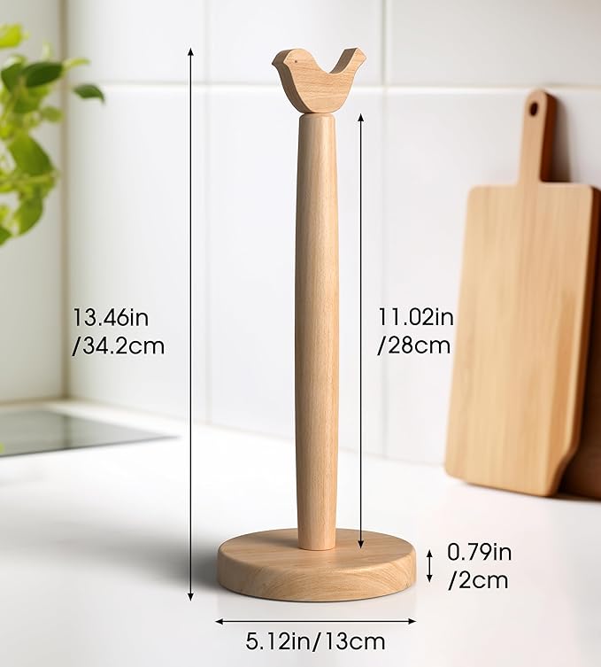KitchLife Cute Wooden Paper Towel Holder Countertop - Solid Freestanding Paper Towel Dispenser Stand Organizer with Anti-Skid Base (Bird)