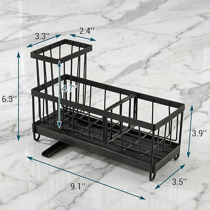 MyGift Modern Matte Black Metal Wire Sponge and Brush Holder Basket with Removable Drainage Tray – Kitchen Sink Caddy Organizer