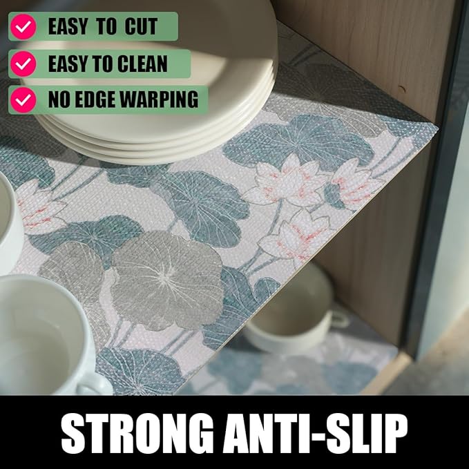 Amiitay Shelf and Drawer Liner for Cabinets, Non-Adhesive and Strong Non-Slip Lotus Flower Shelf Cabinet Drawer Liners for Kitchen,Table,Bookshelves,Waterproof Cupboard Liners,12IN x 10FT