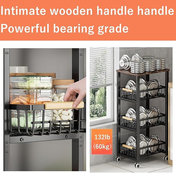 CarolynDesign Metal Wire Baskets with Wheels, Kitchen Storage Stackable Vegetable Fruit Cart Bins with Pull Out Wooden Handel Mat Bottom Sliding Dawers, for Bathroom, Garage and Pantry